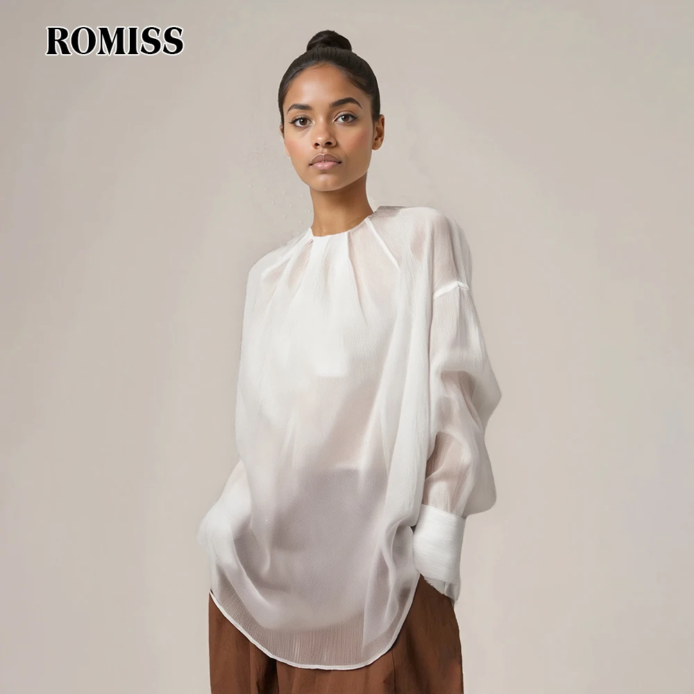 

ROMISS однотонные свободные блузки для женщин с воротником-стойкой и длинными рукавами в стиле пэчворк, прозрачный темпераментный топ, женский модный новый