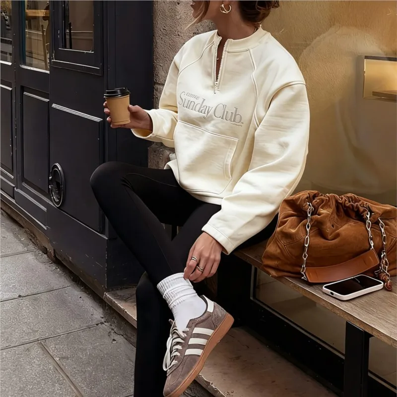 الحد الأدنى هوديي طويلة الأكمام، أزياء إلكتروني طباعة البريدي نصف الياقة المفتوحة فضفاضة رياضية البلوز الخريف الشتاء هوديس أنيقة