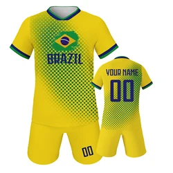 Custom Kids Brazil Jersey Set Personalized Name Number Soccer Training Uniforms Boys Girls Fans Shirt and Shorts Team Outfits