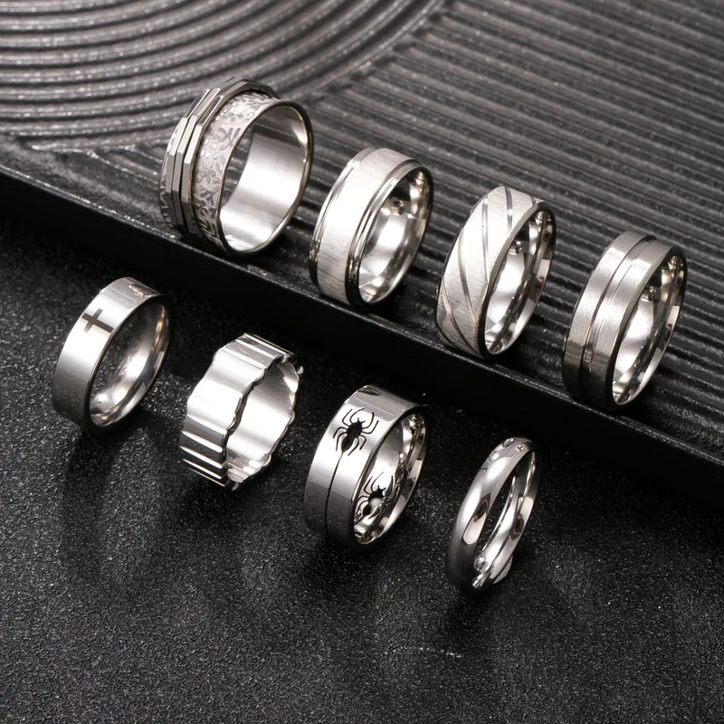 Silver Diagonal Brushed Stainless Steel Men Ring, Smooth Wide Band, Classic Simple Finger Jewelry for Daily Business Wear