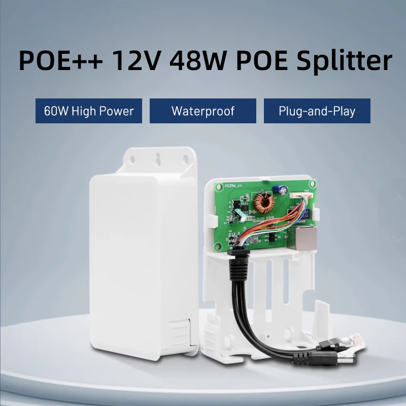 High Power Standard 48W POE Splitter for hikvision PTZ Camera Outdoor waterproof 48V to 12V 4A 48W POE++ Splitter Power Supply