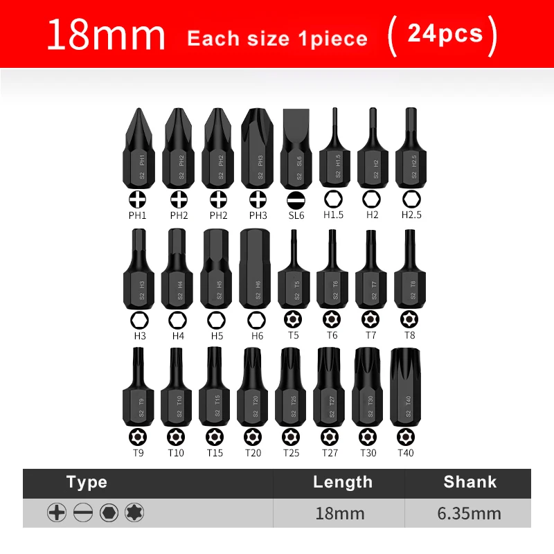 24Pcs/Lot 1/4 Inch Hex Shank Screwdriver Bits Set T5‑T40 H1.5‑H6 PH1 PH2 PH3 SL6 Long & Super Short Phillips Slotted Driver Bits