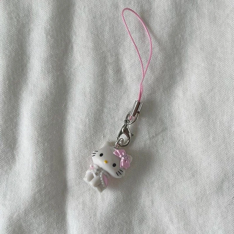 Kawaii Pink Bow Hat Hello Kitty Keychain Harajuku Girl Angel Hello Kitty Bag Mobile Phone Pendant Charm Birthday Gift Ornament