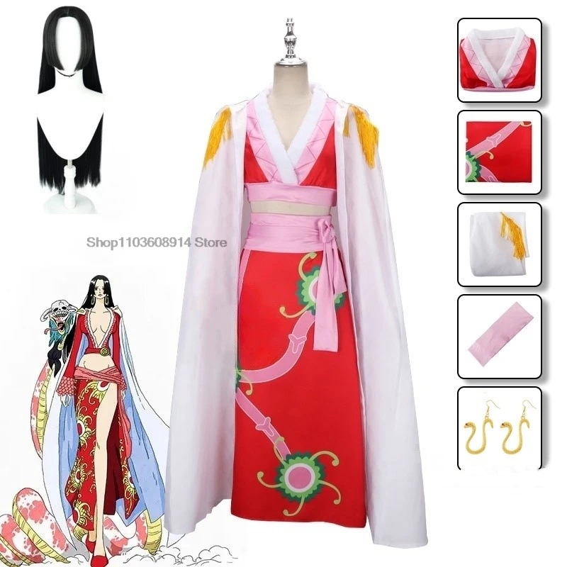 Anime Boa Hancock Cosplay Costumes Sexy Empire Red Kimono Dress Uniform Boa Hancock Wig Earrings Halloween Costumes for Women