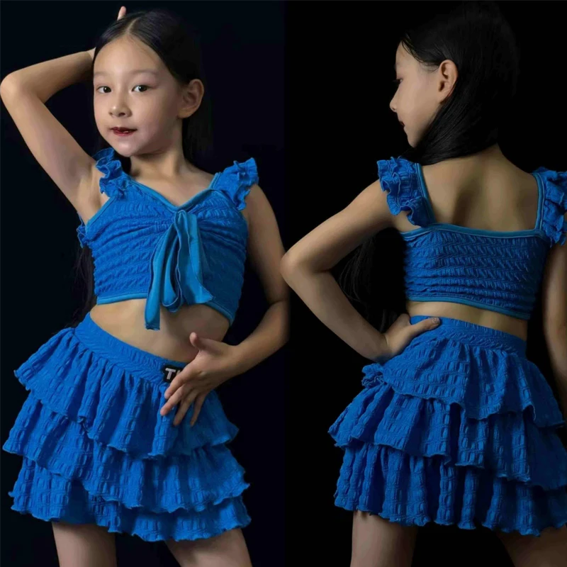 Costume de concours de danse latine pour enfants, vêtements de danse professionnels pour filles, costumes de danse latine Samba bleu SL13376