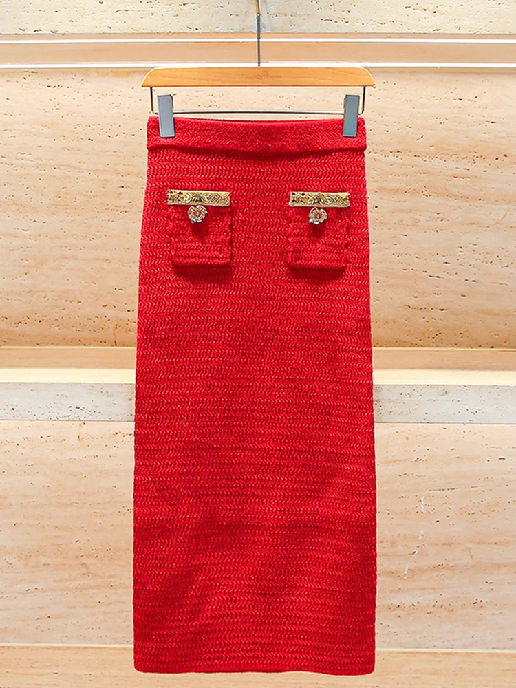 

Red Knitted Skirt High Waist A-Line Skirt for Women Spring Commute Sle Diamond Embellied Polyester Fiber Long Skirt
