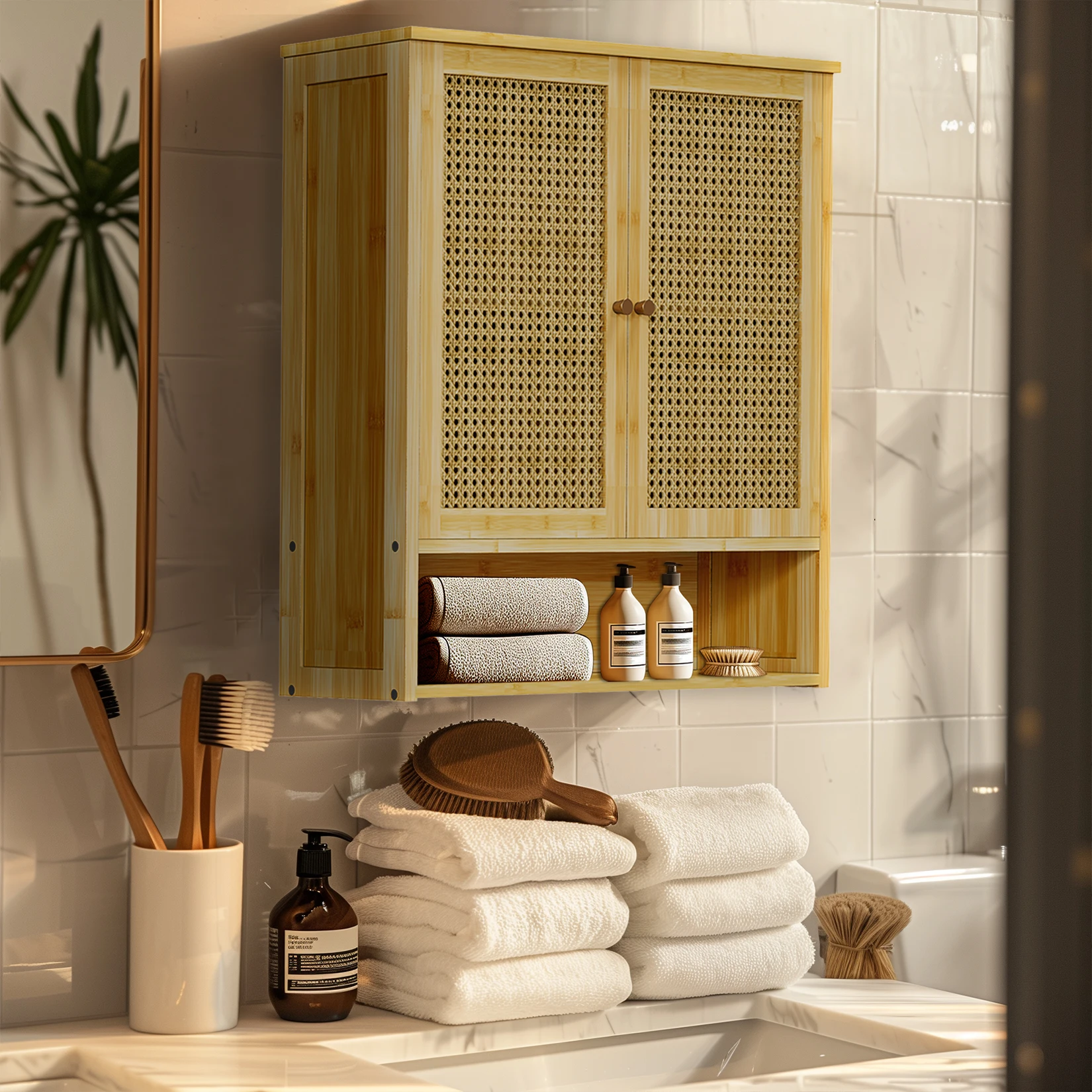 Wooden Storage Cupboard Wall Mounted Medicine Cabinet Unit Kitchen Shelf with Wooden Storage Cupboard with 2 Rattan Doors