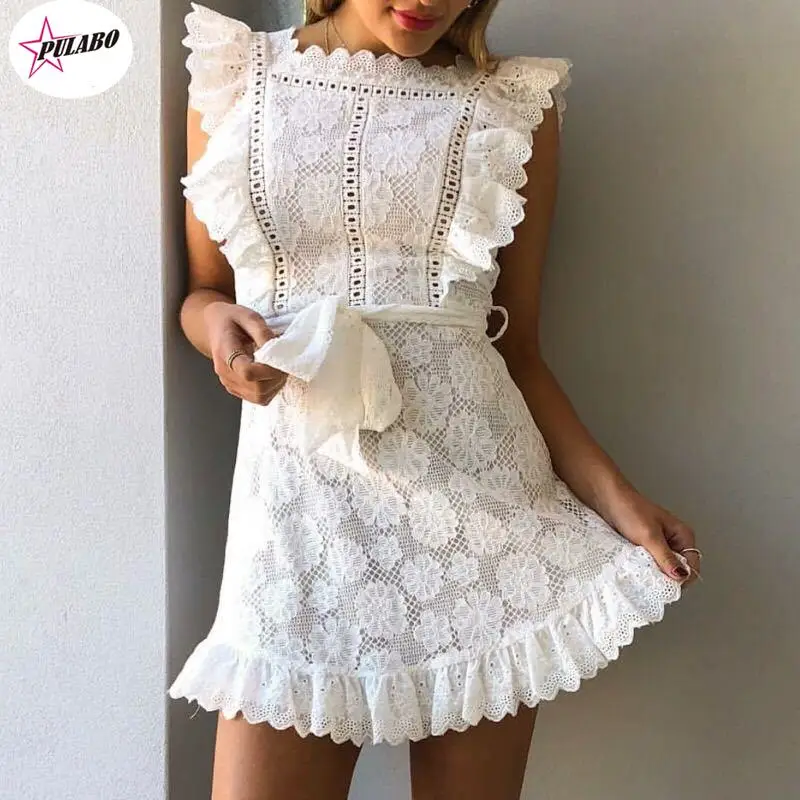 Elegante bordado rendas vestido feminino oco para fora faixas babados branco vestido de verão magro sexy festa senhora vestido feminino