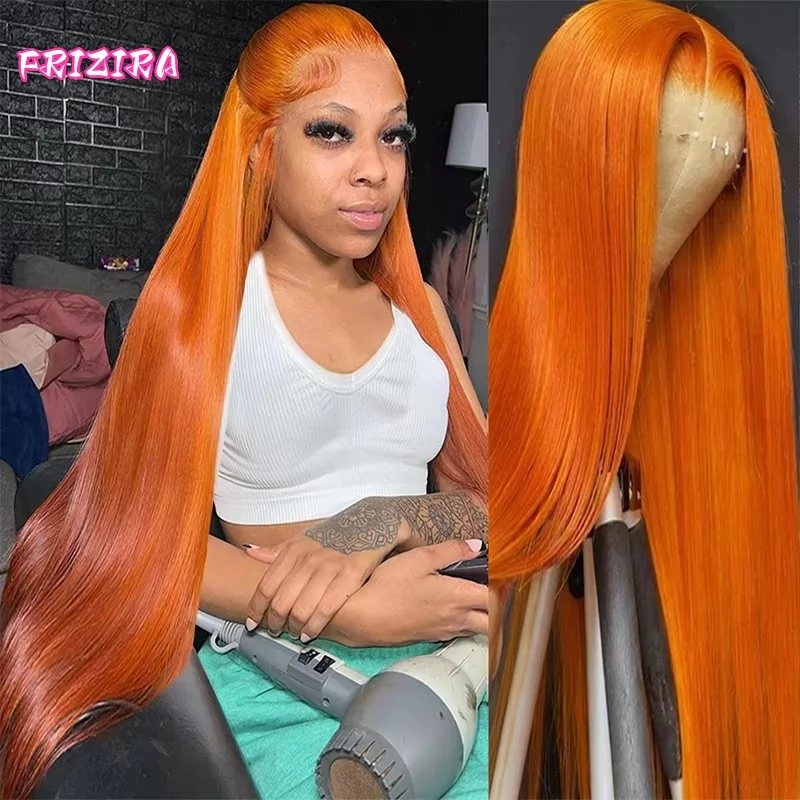 Pelucas de Cabello Humano Liso Color Naranja Jengibre de 30 y 32 Pulgadas, Peluca Frontal de Encaje HD 13x4 # 350 Pelucas de Cabello Humano de Colores