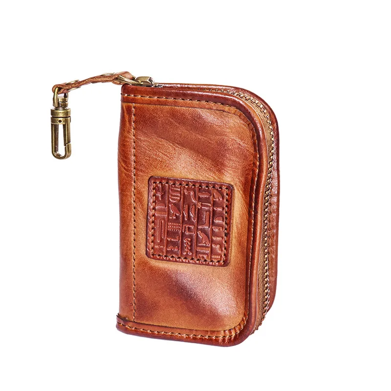 Tas Kunci Kulit Sapi Lapisan Atas Tanpa Pewarna Buatan Tangan, Tas Penyimpanan Resleting Kapasitas Besar Bermotif, Tas Kartu Kunci Mobil Sederhana