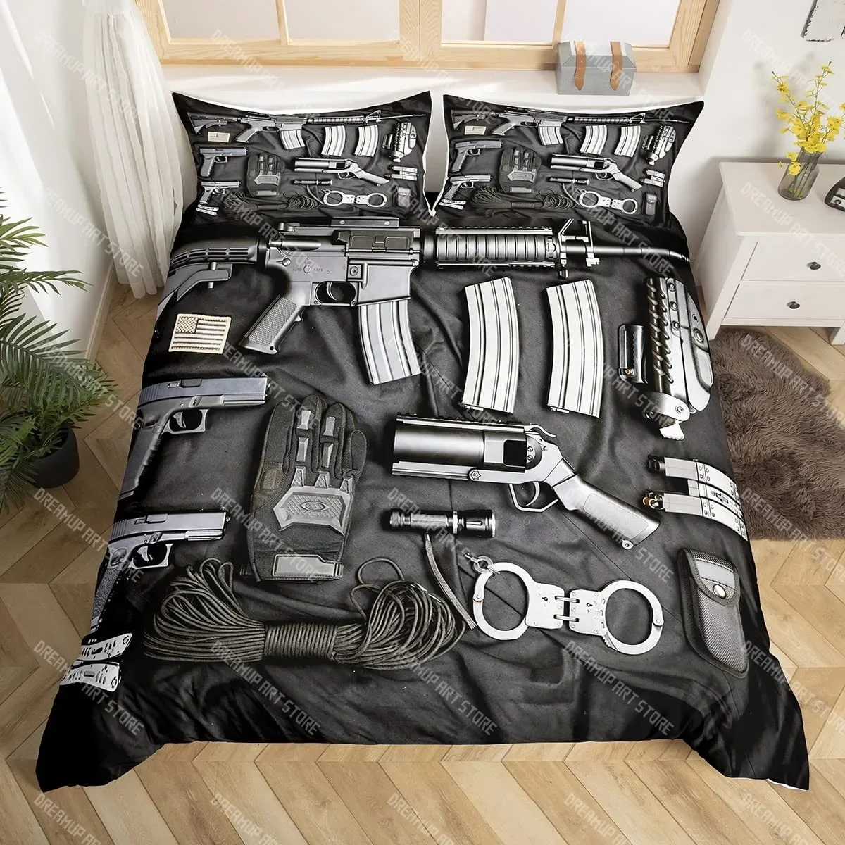 

Black Gun Kids Duvet Cover Set King Size,Firearm Small Arms Bullet War Theme Bedding Set,Boys Girls Room Decor