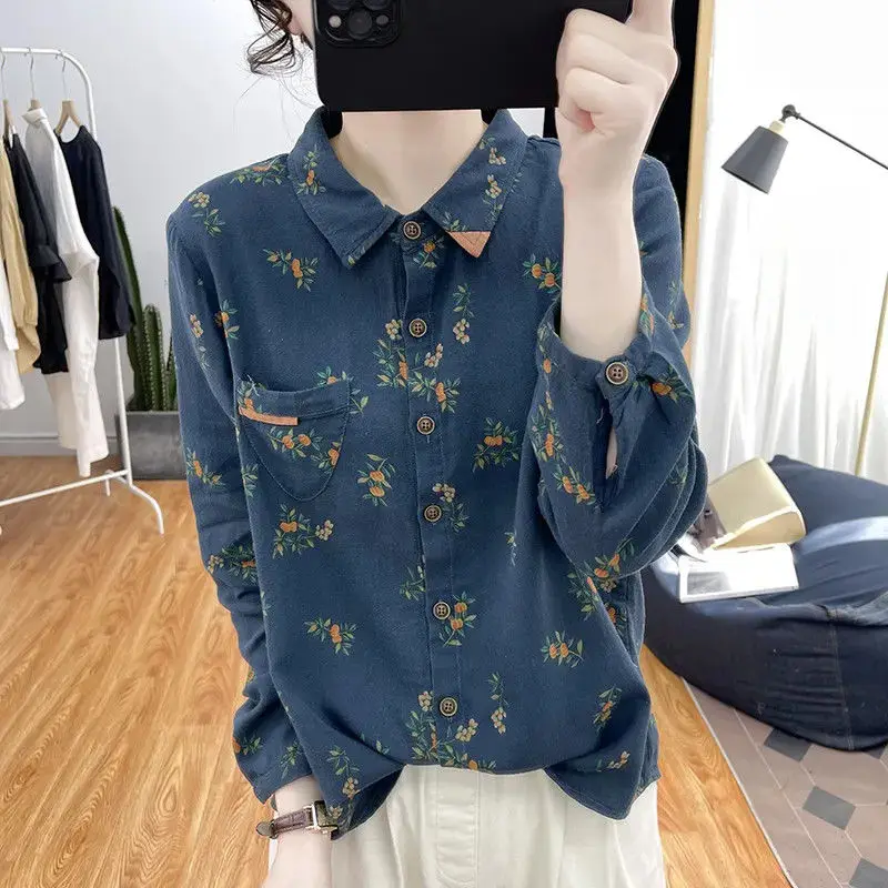 Cotton and Linen Floral Long Sleeved Shirt Women\'s Digital Printed Anti-aging Top Retro Base Shirt Shirt