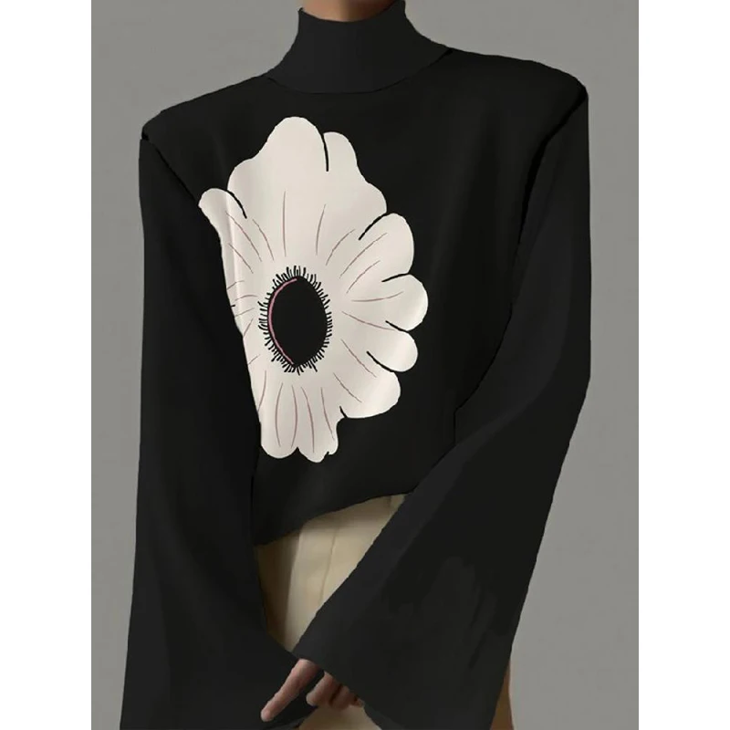 Uslemon Neuankömmlinge weibliche ausgestellte Ärmel Blumen druck High-Neck-T-Shirts Frühling Herbst lässige Mode schwarze Tops für Frauen