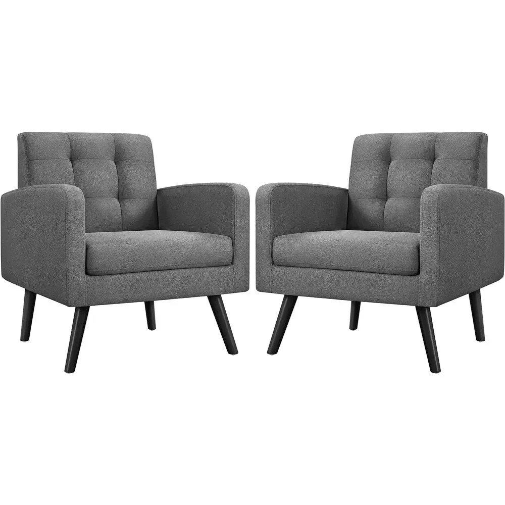 Mid-Century Accent Chairs, Modern Upholstered Living Room Chair, Cozy Armchair Button Tufted Back and Wood Legs