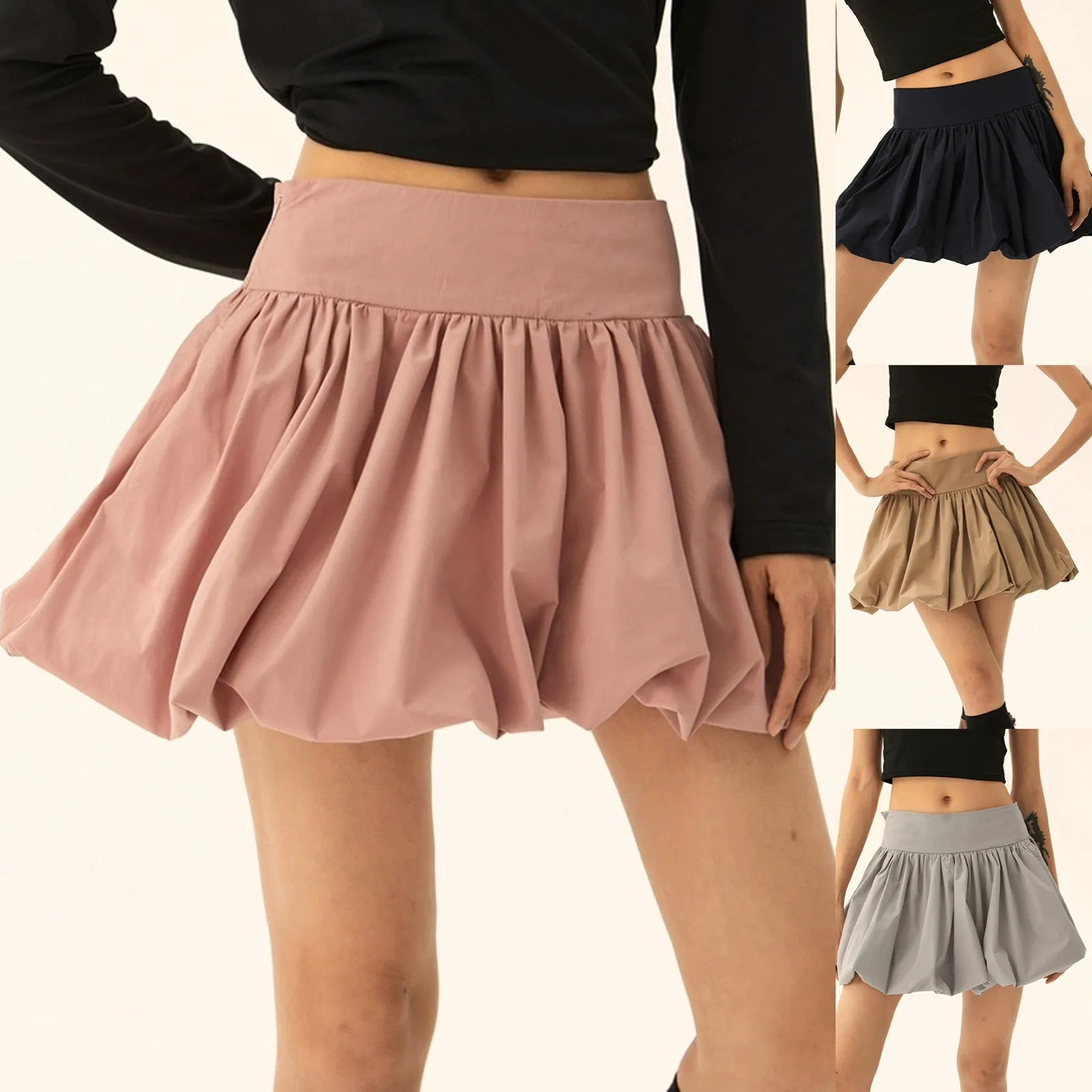 Women Bubble Mini Skirt Retro Street Style Mid Elastic Waist Tutu Short Skirt for Vacation Clubwear Solid Color Flared Skirt