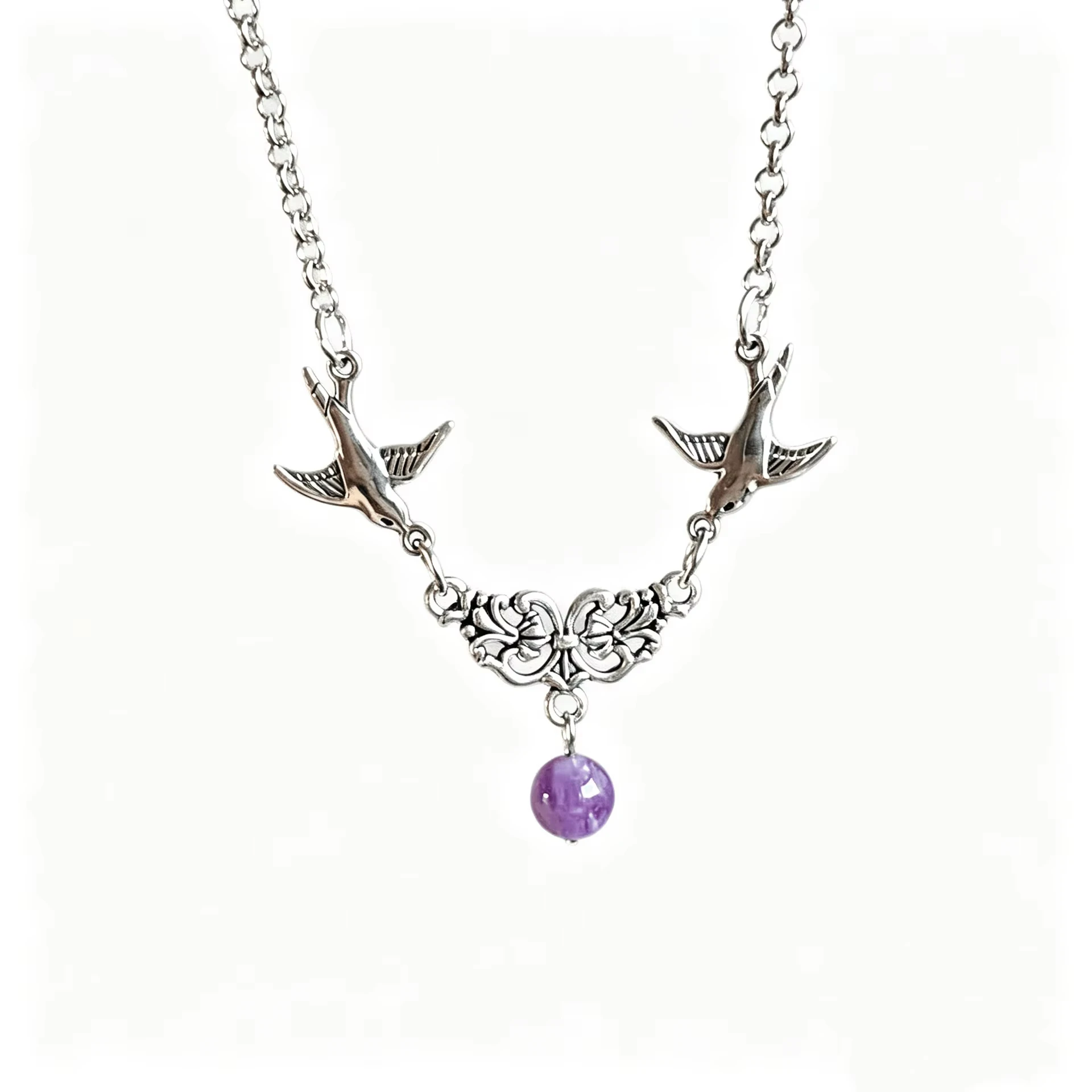 New Trendy Retro Bird Necklace, Engraved, Purple Stones, Victoria, Animal, Love, Hollow, Mystical, Magical, Choker for Women Man