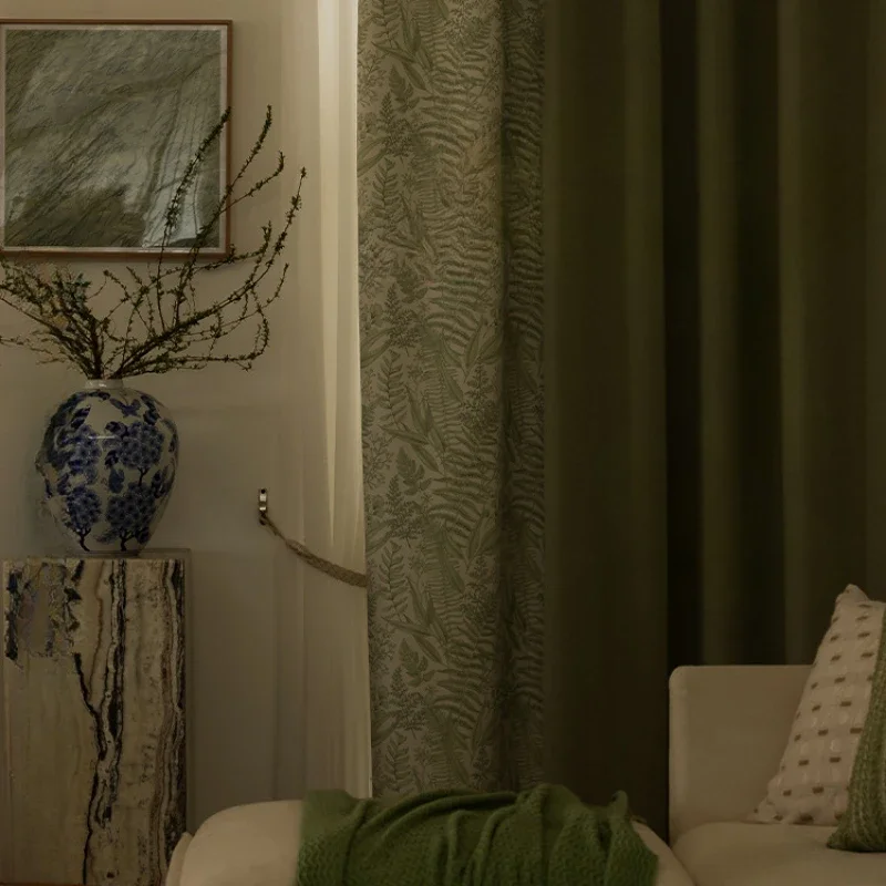 Matcha Green Chenille  Curtains for Living Dining Bedroom Study Color Matching Thickened Shading Window
