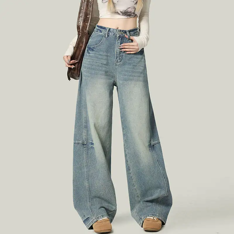 

Свободные прямые синие джинсы, женские весенние новые широкие брюки длиной до пола, повседневные брюки с высокой талией и мясным покрытием