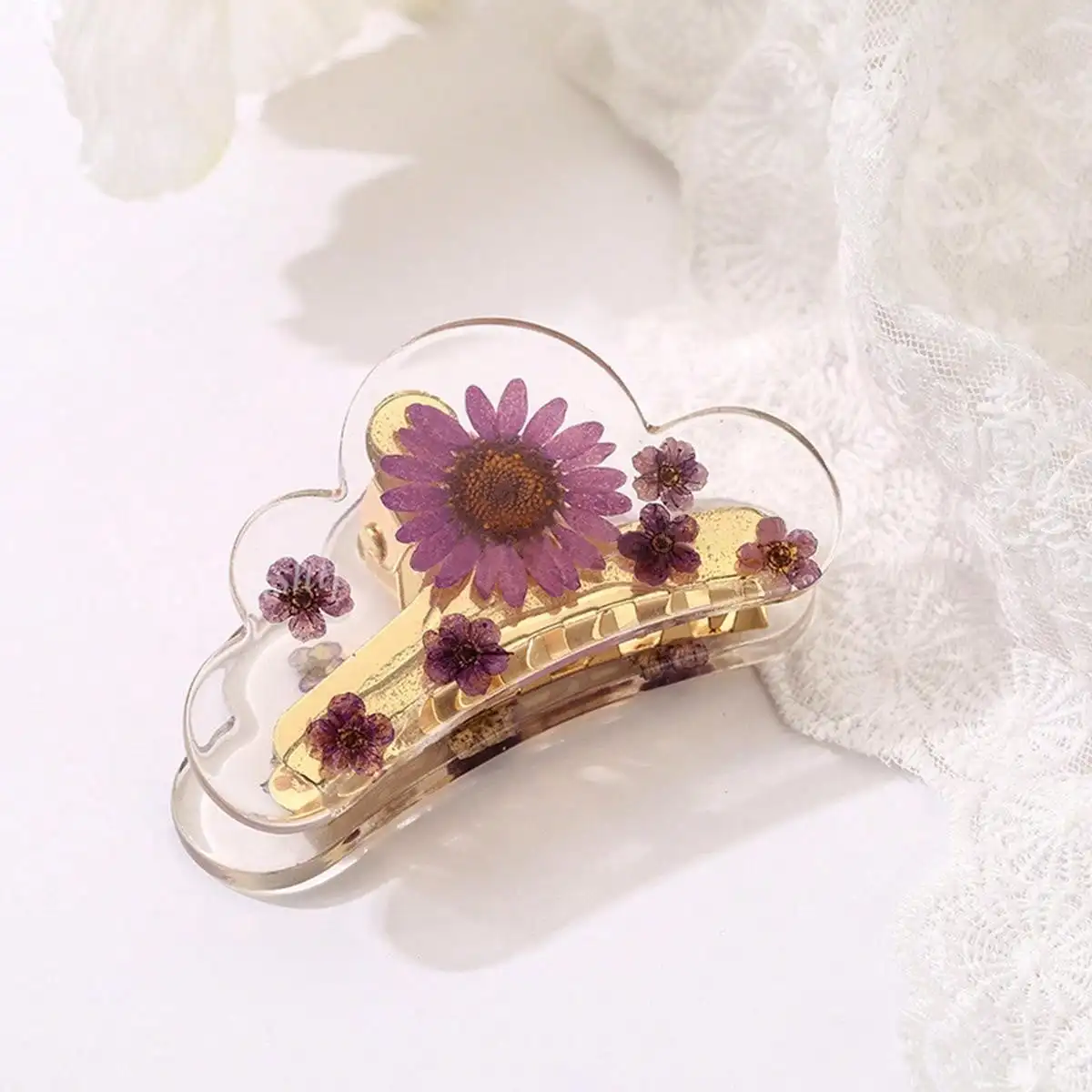 1pc Drip Glue Genuine Flower Dried Flower Premium Alloy Hair Clip Fresh Natural Transparent Crystal Shark Clip