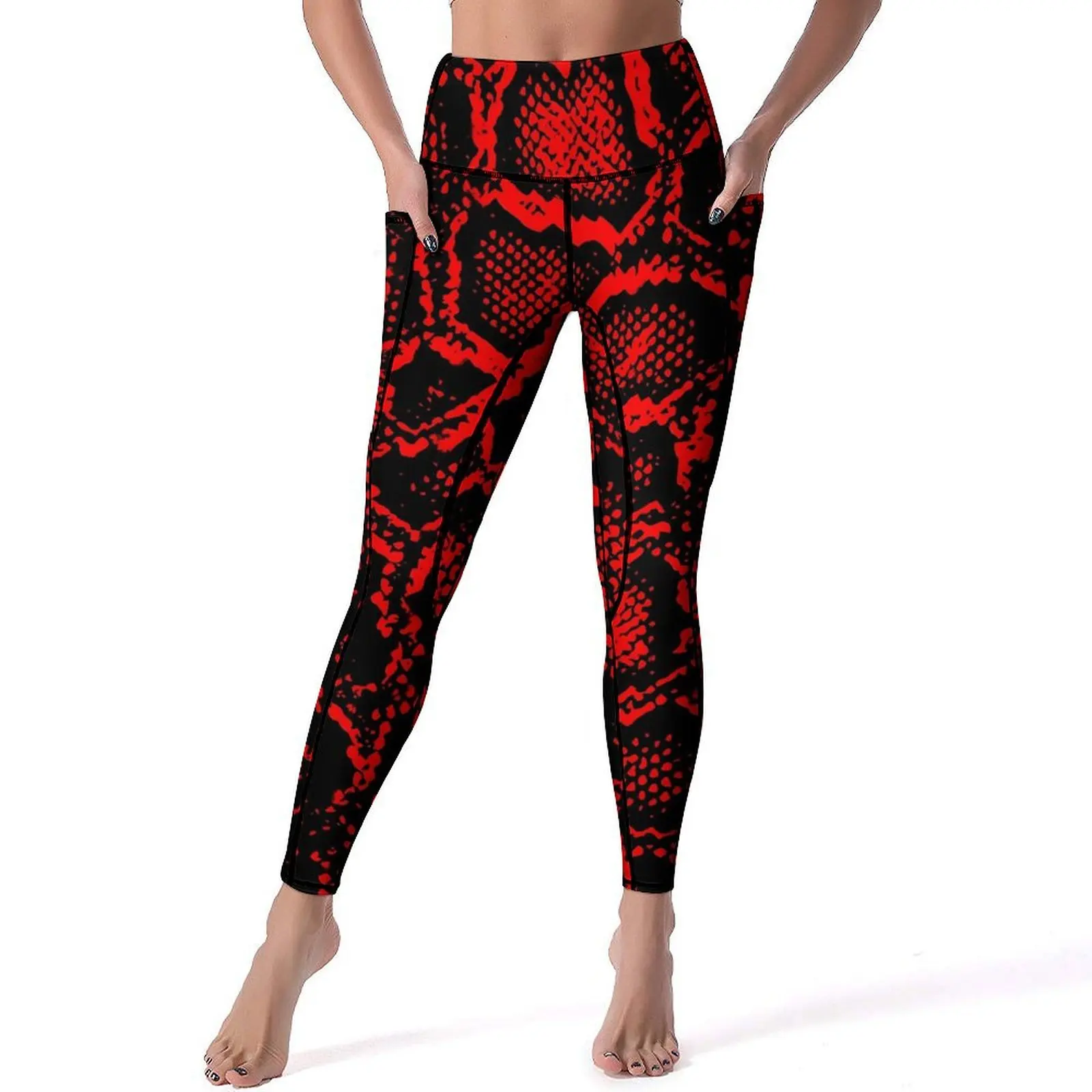 Snakeskin Leggings Sexy Black and Red Python Fitness Yoga Pants Push Up Stretch Sport Legging Pockets Casual Design Leggins