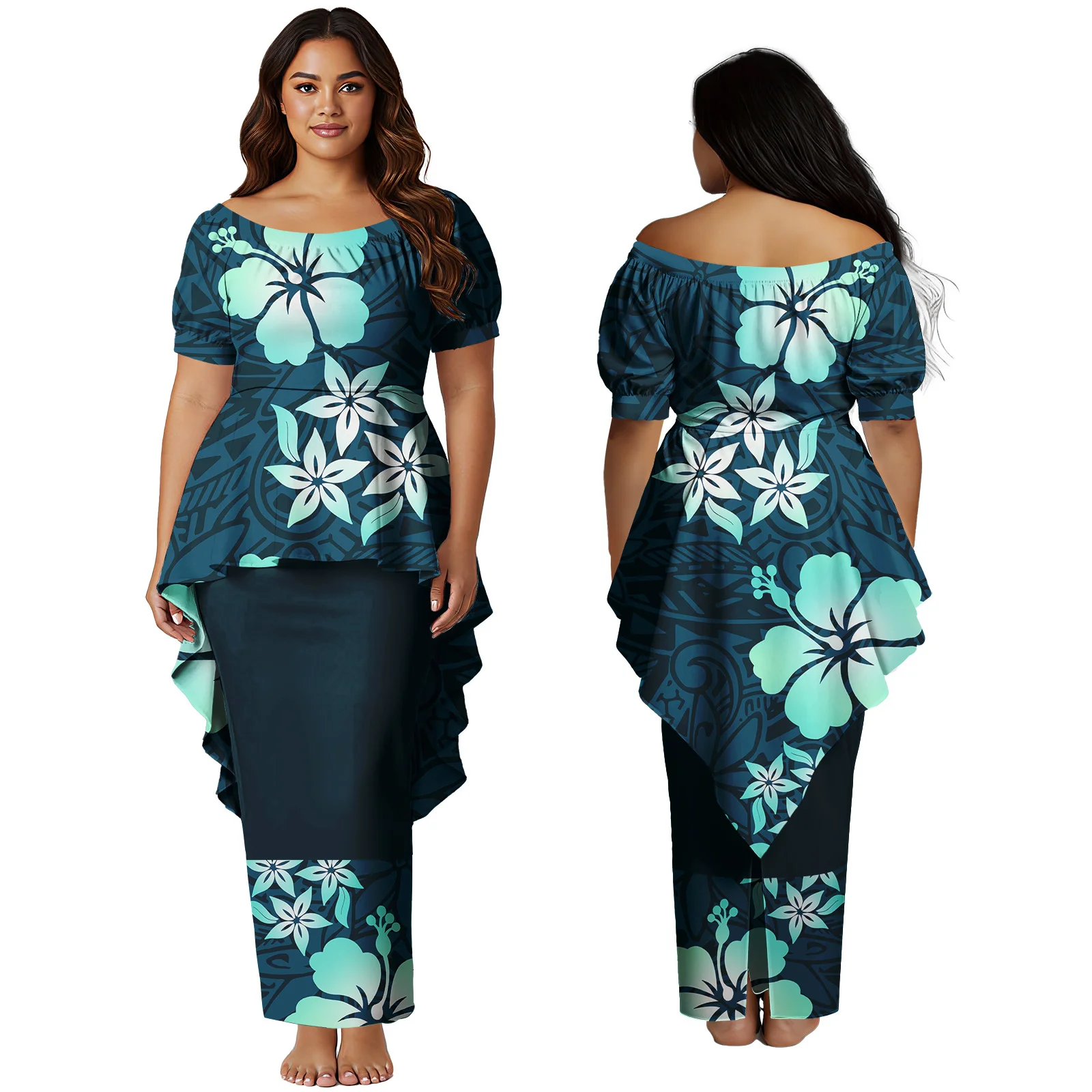 Ropa personalizada a petición para mujer, vestido con estampado Floral de Isla de Samoa, Top y faldas polinesio, conjunto de 2 uds de talla grande, Puletasi hawaiana para mujer