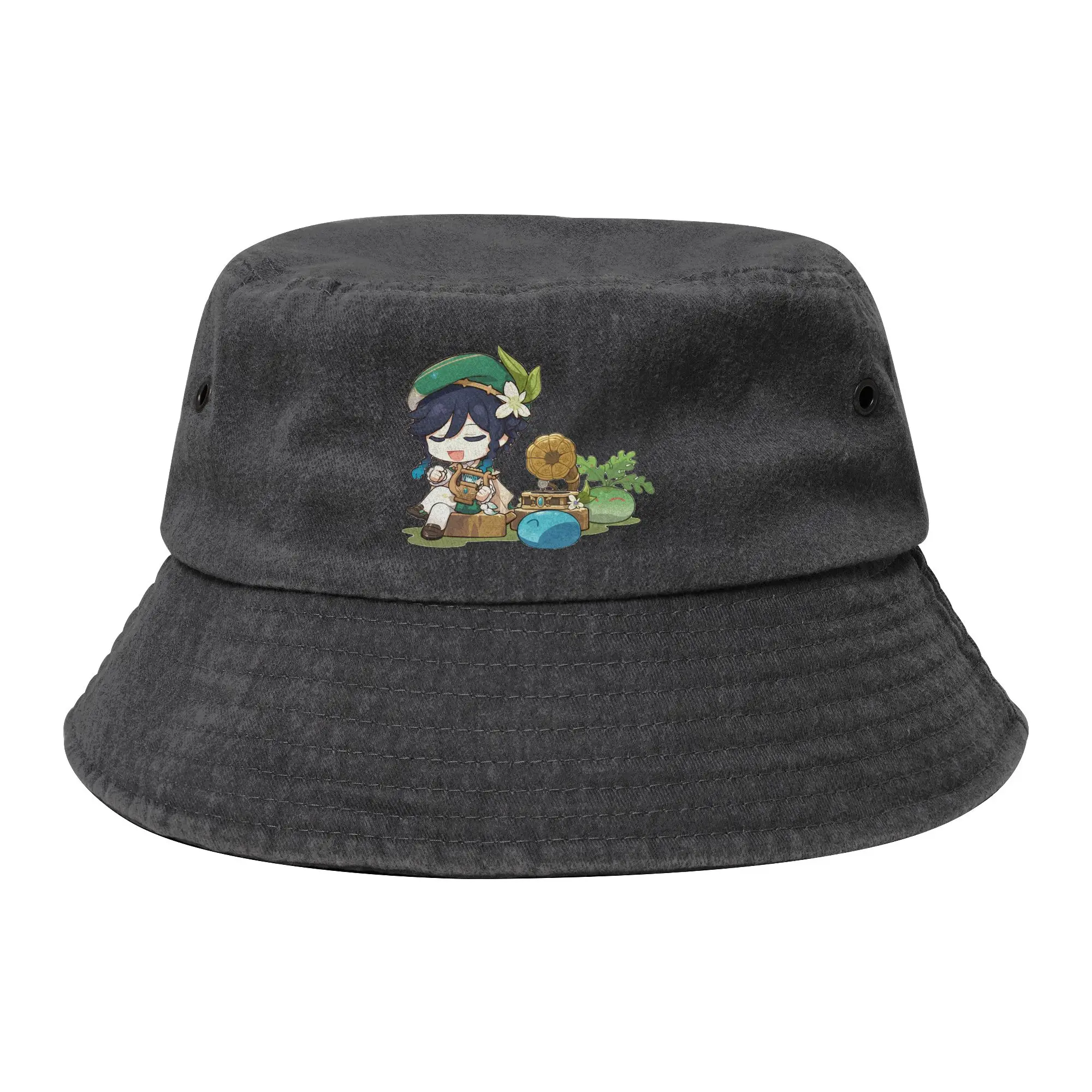 Men Women Distressed Washed Bucket Hat Venti Playing Music Sport Fisherman Cap Genshin Impact Anime Game Bob Hat Gift Idea