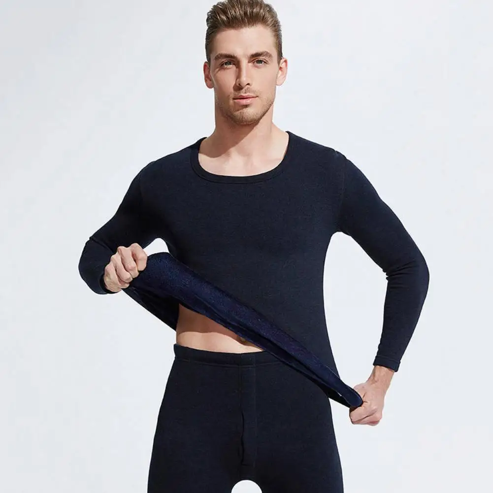 2 Pcs/Set Men Winter Pajamas Set Thick Fleece Lined Elastic Long Johns Sport Layer Pajama Set Homewear Thermal Top Pants Set