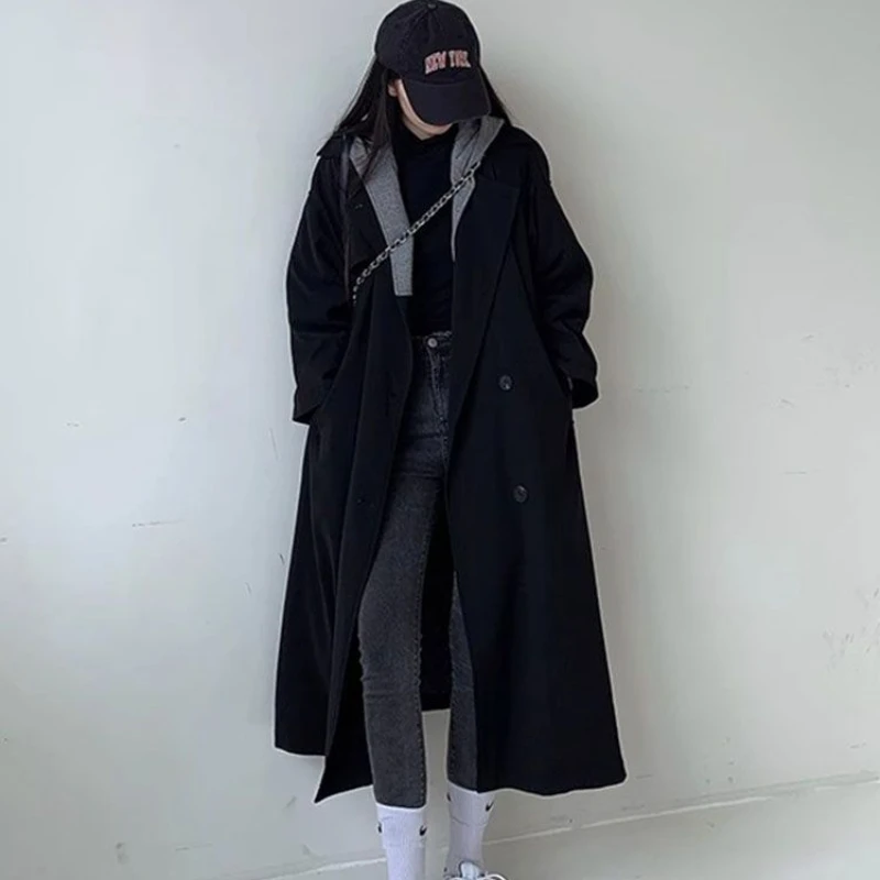 

Small Korean Version of College Style, High-end Black Woolen Coat, Hooded Coat, Knee Length, Medium Length