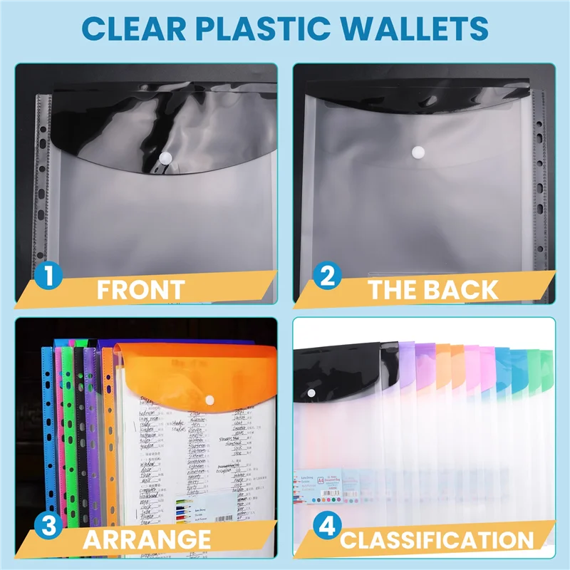 AEE7-12 Pack A4 Punched Pockets Plastic Wallets - 11 Holes Expandable Binder Pocket Envelope File Folders