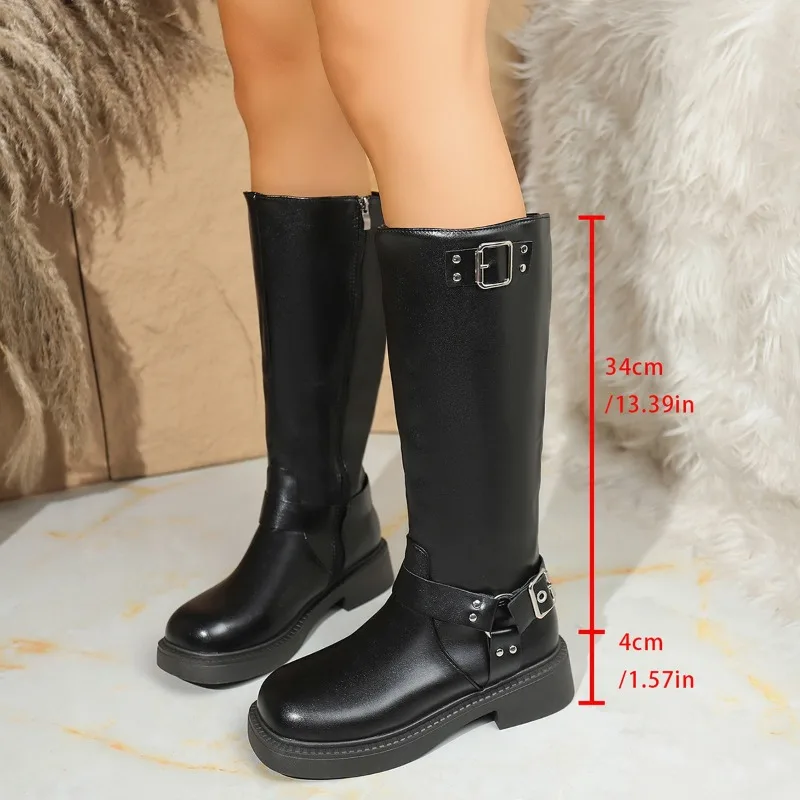 سميكة كعب منخفض لا الركبة الفخذ الأحذية خريف شتاء جديد جولة تو الجانب سستة رصع حزام مشبك فارس الأحذية #5