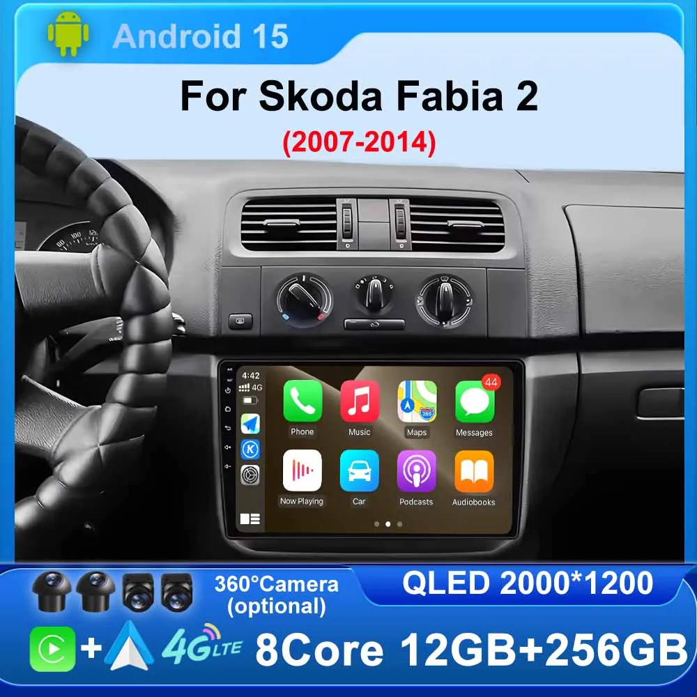 Car Radio Android 15 For Skoda Fabia 2 2007 - 2014 Stereo Multimedia Player No 2din DVD 2K Player Navigation 4G QLED Screen