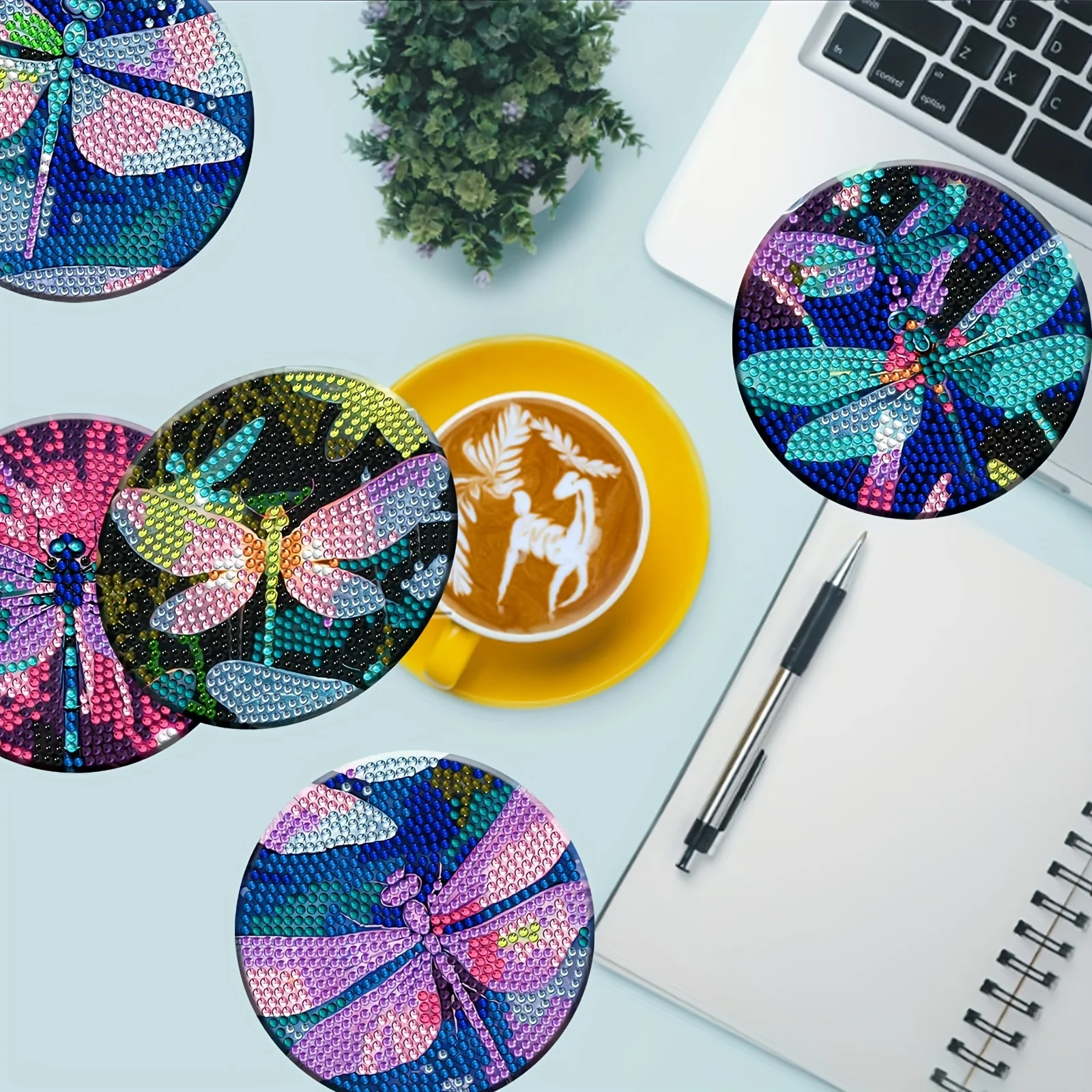 8 pieces of colorful dragonfly style  painting coasters with brackets, DIY  art coaster set, suitable for beginner art and craft