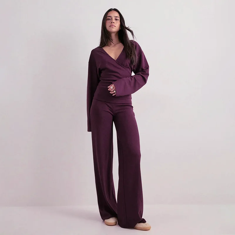 Women Fashion Solid Casual 2 Piece Set Wrap V-neck Full Sleeve Slim Fit T-shirts Tops + High Waist Wide Leg Pants Street Suits