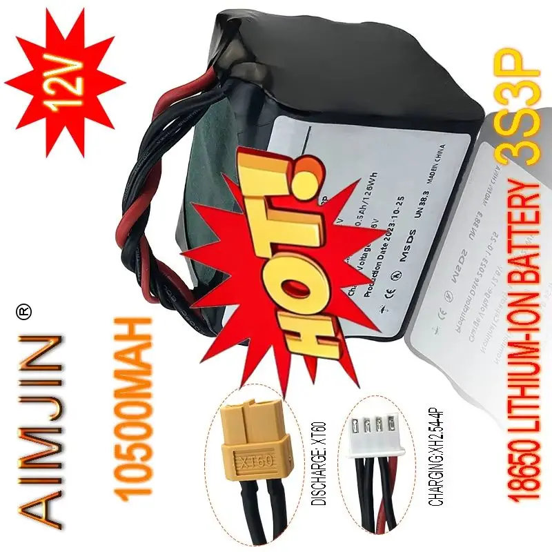 AIMJIN 3S3P 12V 10.5Ah 10Ah High Capacity UAV Rechargeable 12.6V Li-ion Battery For Various RC Airplane Quadrotor XH2.54-4P XT
