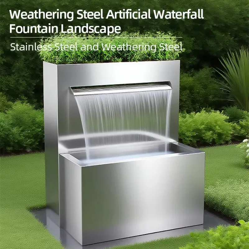 Two Tier Rectangular Metal Waterfall Unit Horizontal Top Outflow Spout Outdoor Garden Fixed Landscape Decor Craft