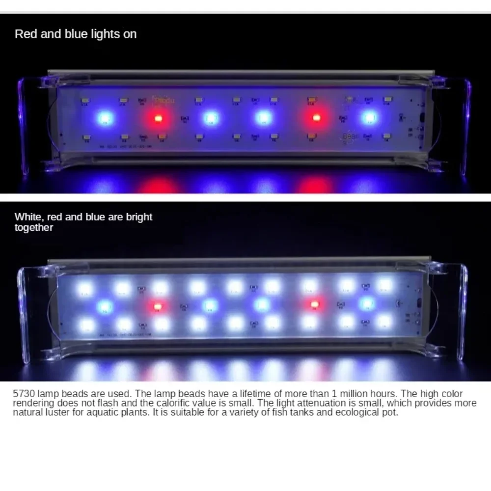 Meerkleurig LED-aquariumlicht met uitschuifbare remstukken, aquariumplantenlicht, waterdichte zeewater-marine-LED, 3 lichtkleurmodi