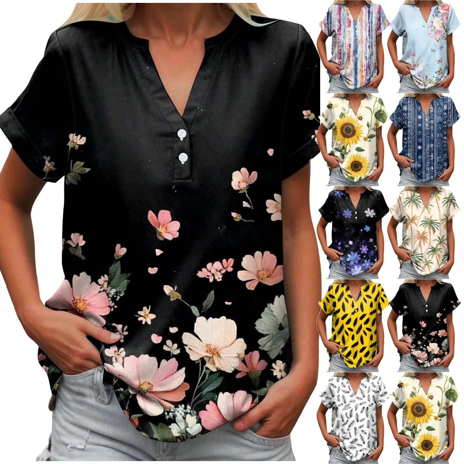

Floral Printed T Shirts Women V Neck Button Down Short Sleeved Shirt Tops Versatile Linen Tshirts For Women Summer Casual Blouse