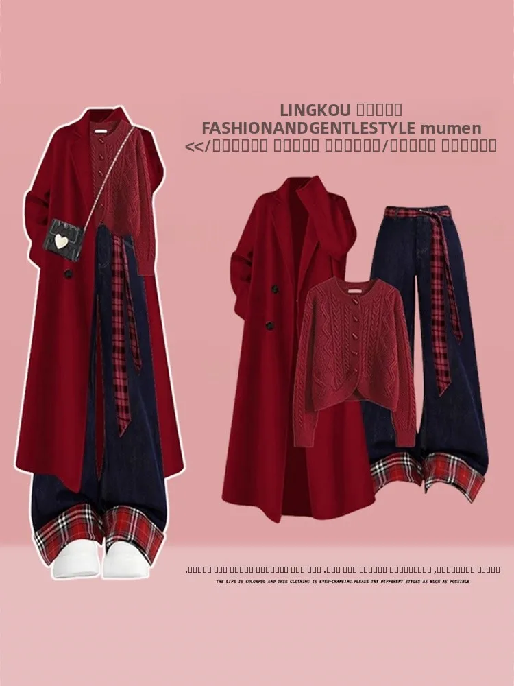 

Вязаный свитер на тему Cisas, красное пальто и узкие джинсы, футболка, женский модный комплект, большой размер, осенне-зимняя повседневная одежда