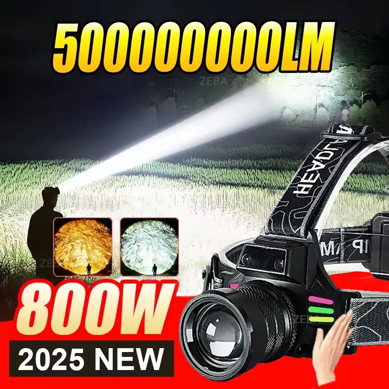超高輝度ヘッドランプ-最強力長距離ヘッド懐中電灯-センサー付きハイパワーヘッドライト-黄色光付き釣り用ヘッドトーチ
