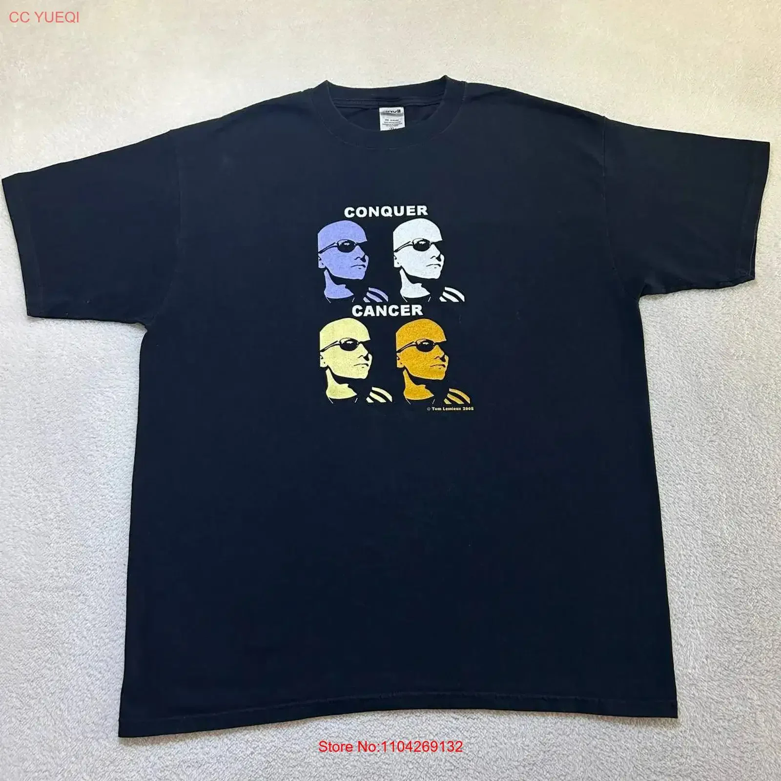T-shirt vintage Y2K Anvil avec logo Conquer Cancer, taille XL, noir, délavé, décontracté, unisexe, polyvalent, pour un usage quotidien