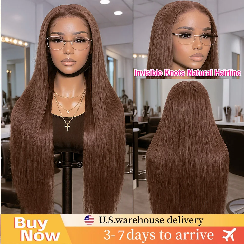 

Premium Chocolate Brown Colored 13x6 HD Transparent Lace Front Wigs Bone Straight Brazilian Human Hair Lace Frontal Wig On Sale