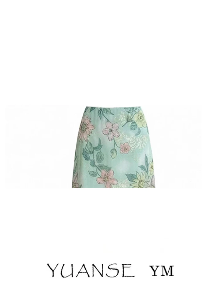 Spring And Landscape Holiday Style Green Print A-Line Midi Skirt Women's Summer Forest System Slimming Oil Painting Skirts