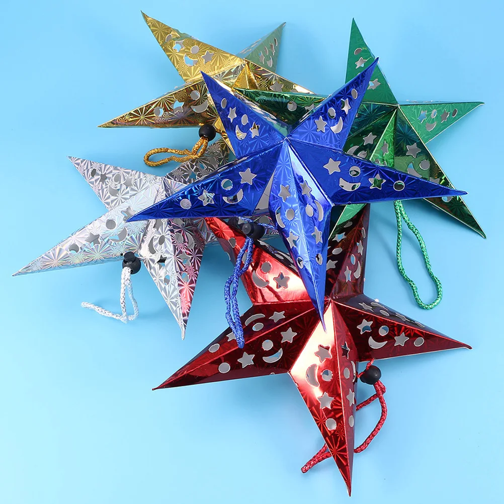 

6pcs 3D Pentagram Lampshade Thickened Paper Star Hollow Out Party Decoration Paper Lamp Shade Hanging Star Shape