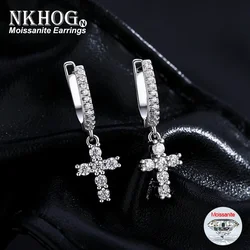 NKHOG 2.5mm Full Moissanite Drop Earrings 925 Sterling Silver Cross Pendant Hiphop Earring for Women Jewelry Gifts GRA Certified