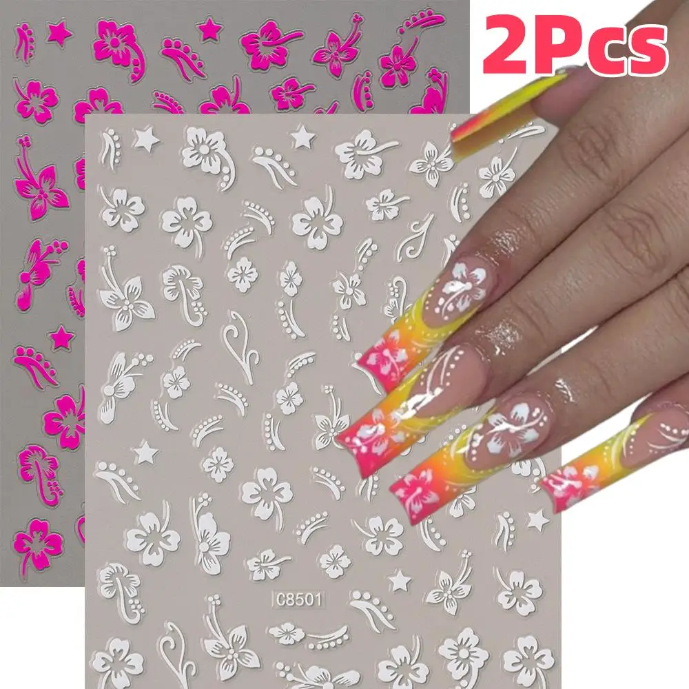 

2Pcs 3D Pink White Hibiscus Flower Nail Stickers Tropical Floral Self-Adhesive Nails Decals For Summer Vacation Manicure Decor 1