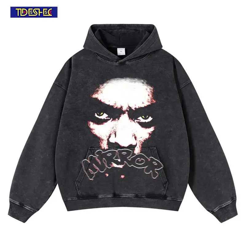 

TIDESHEC Vintage Streetwear Hip Hop Washed Hooded Portrait Graphic Hoodie Sweatshirt Men Harajuku Punk Pullover Cotton Hoodies