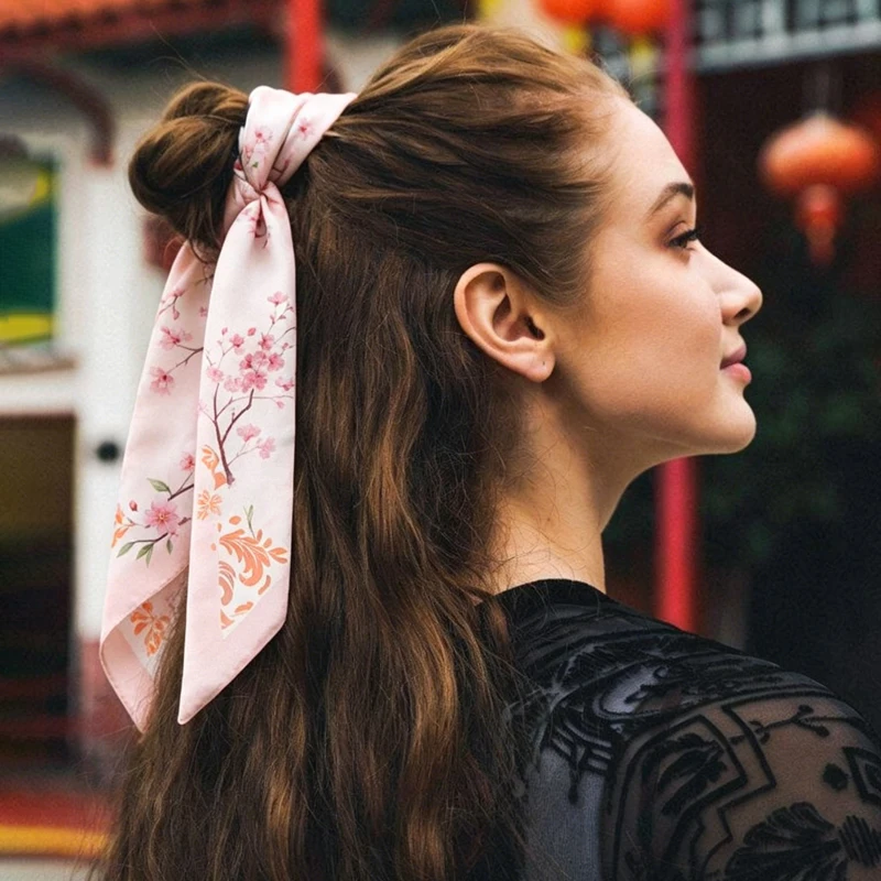 

Fashion Women Silk Satin Skinny Scarf Floral Watercolor Cherry Blossom Hair Scarf Neck Scarf Headband Hair Tie Bag Scar for Girl