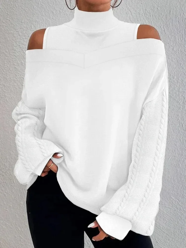 Fall 2023 Women Turtleneck Shirts and Blouses Elegant Cold Shoulder Patchwork Cable Cable Textured Top Fashion Woman Clothing