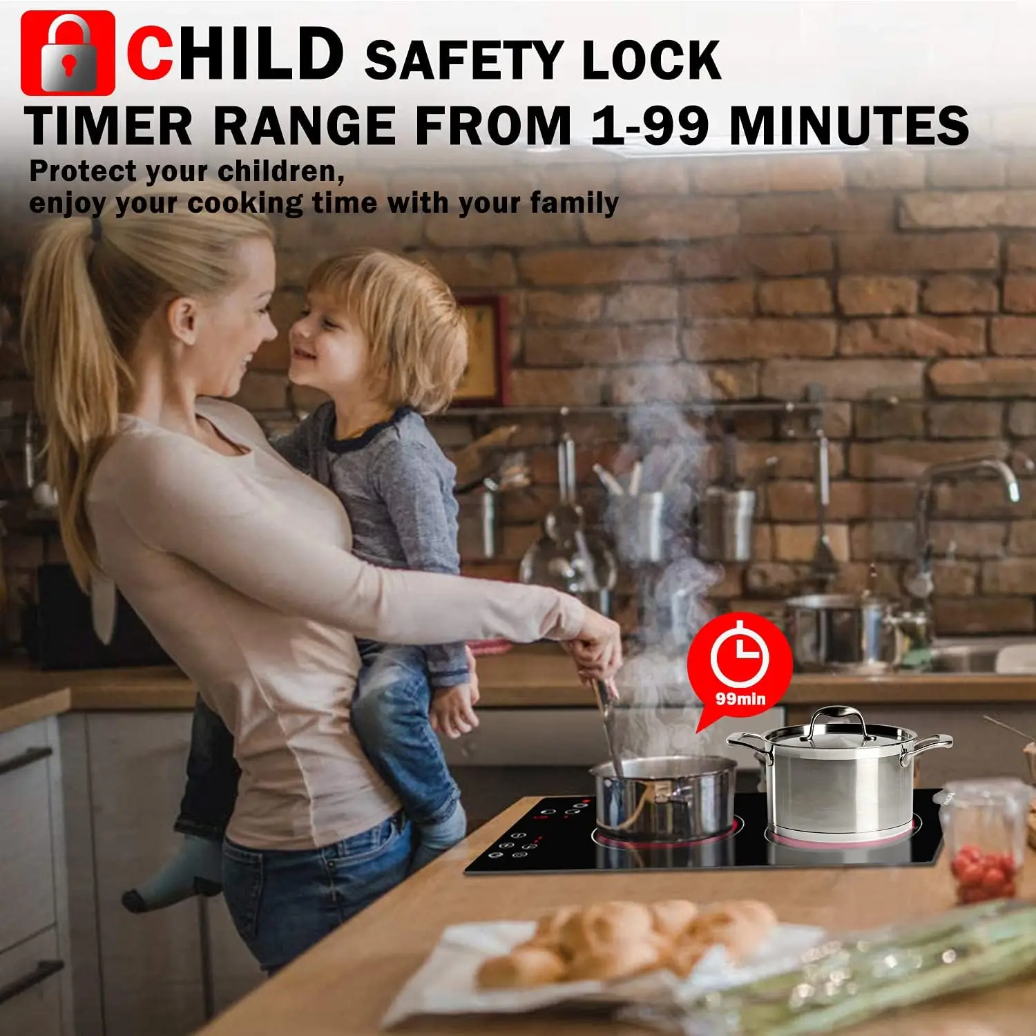 Estufa eléctrica de 12 pulgadas, placa de cocción radiante eléctrica empotrable de 220v - 240v con cerradura de seguridad para niños, temporizador, indicador de calor residual, 3