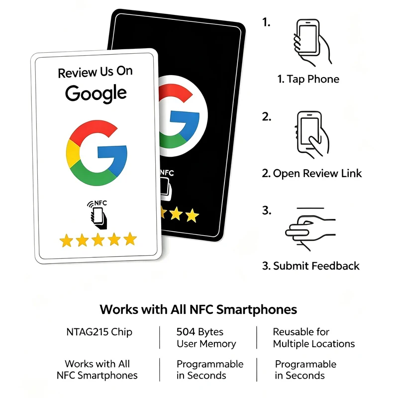 1-200Pcs Black Premium Wear‑Resistant ''Matte Finish Reusable Google Review Tap NFC Card Programmable NFC Tap Card User‑Friendly